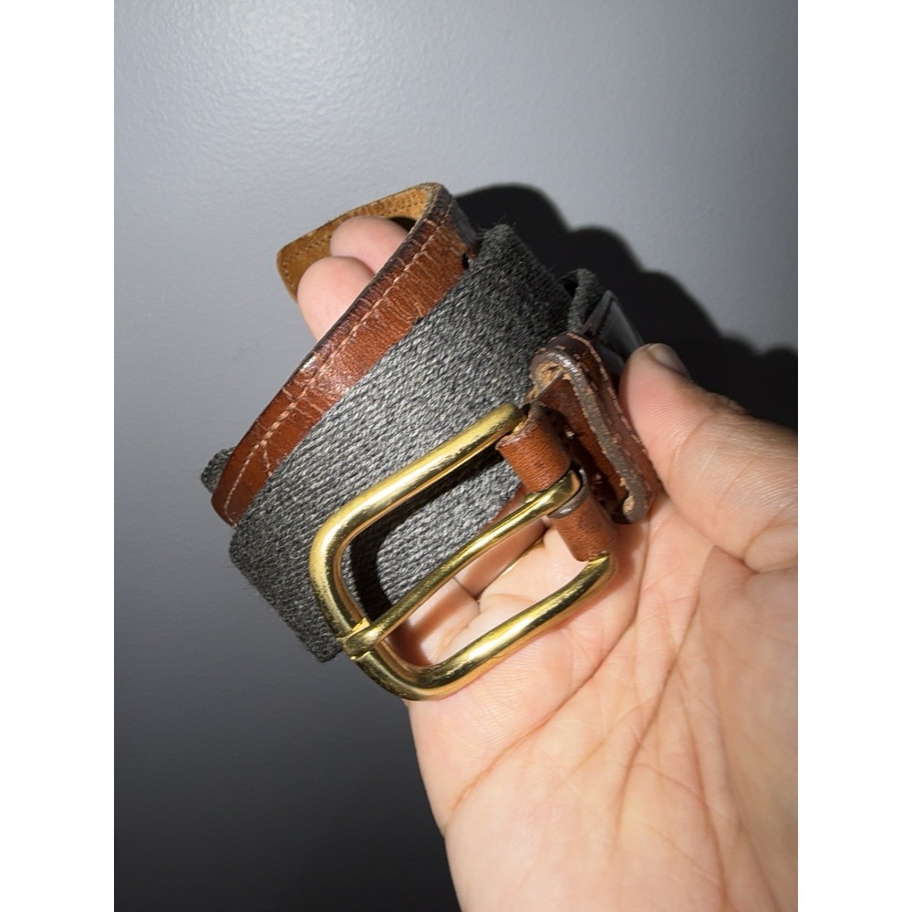 Brooks Brothers Mens Woven Leather Fabric Belt Size 34 Gray Tan Brass Buckle